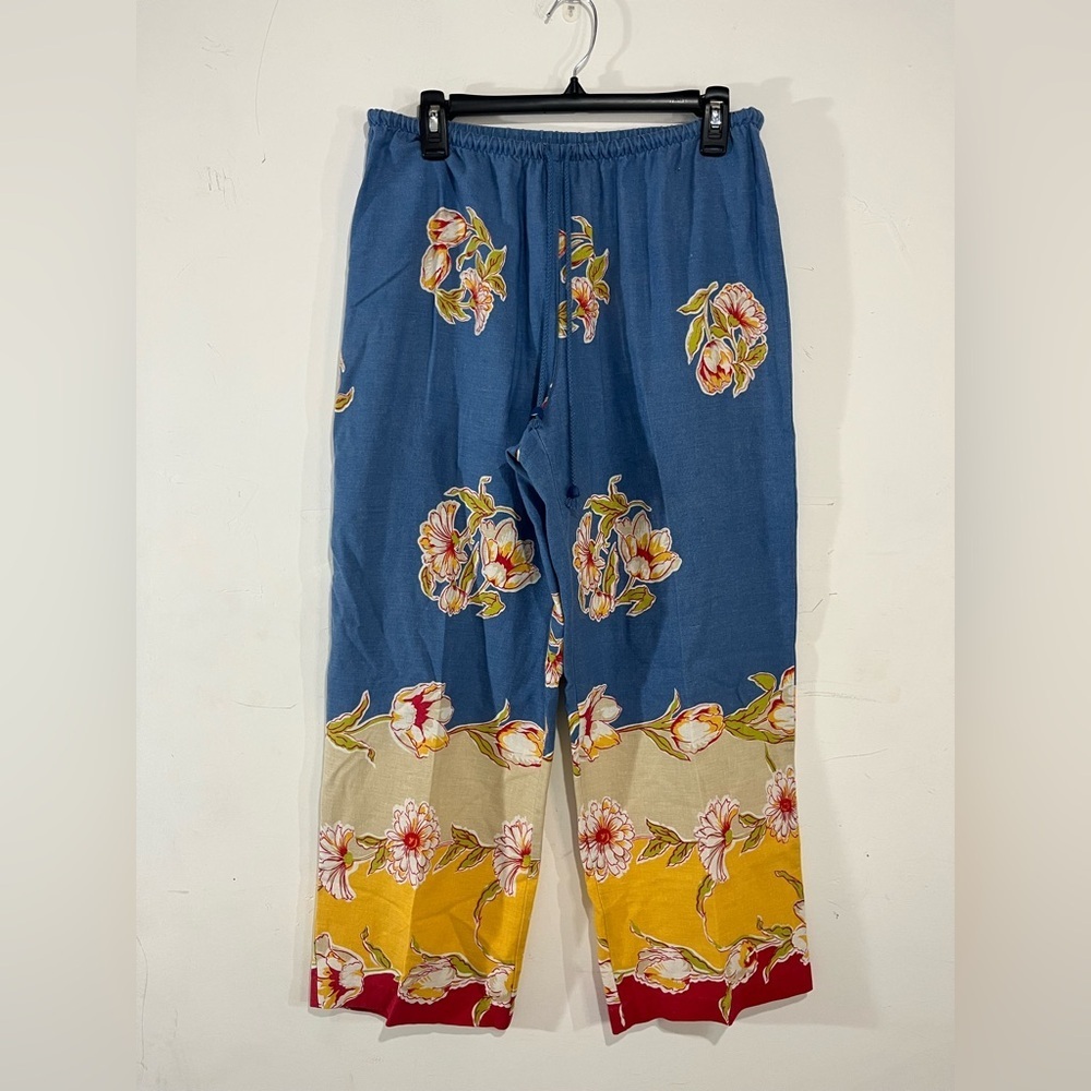 Ruby Rd Floral Linen Blend Wide Leg Pants Blue Yellow Boho Resort Size 10 - Picture 3 of 8